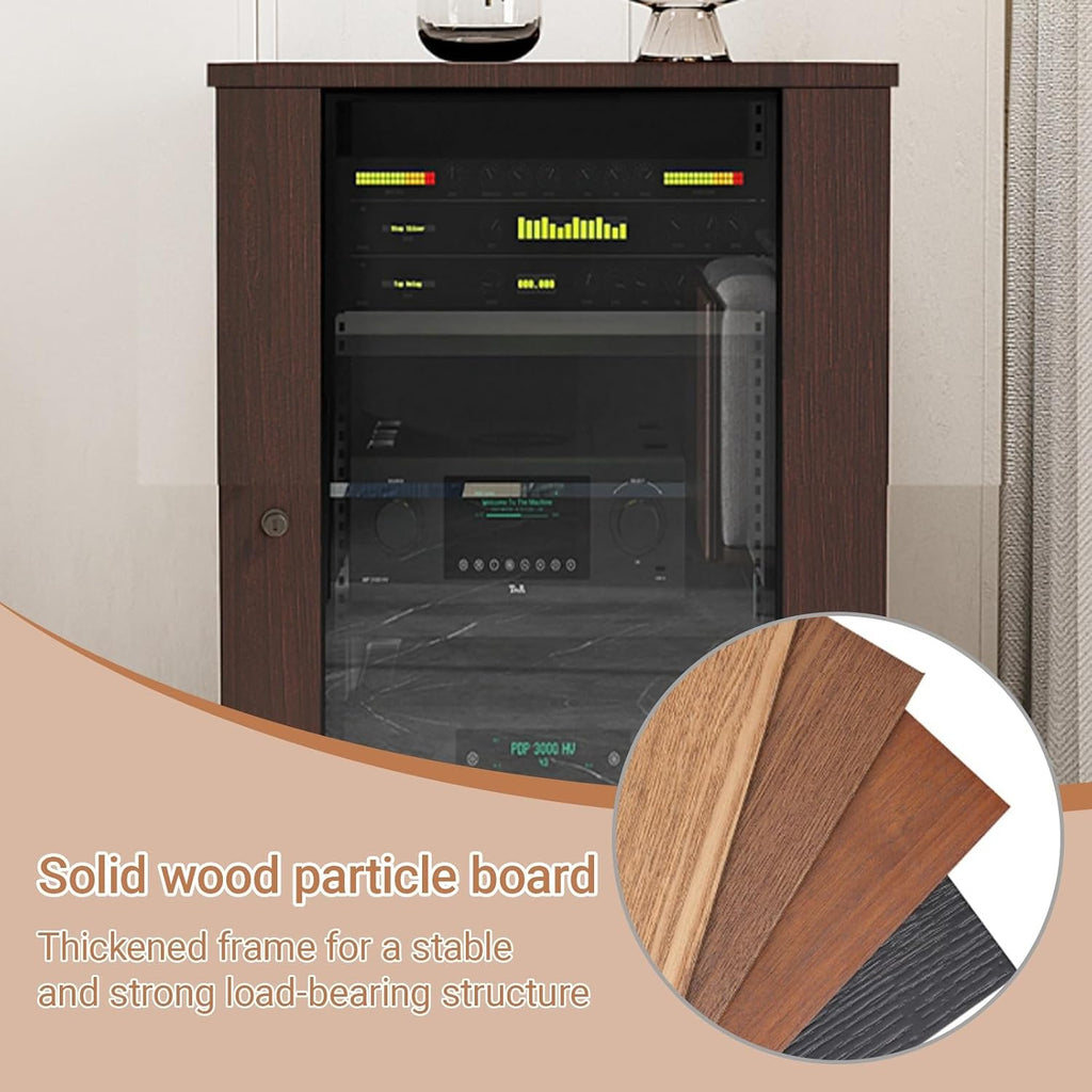 2/3 Tier AV Stereo Cabinet Movable,Wood Audio Video Media Rack Stand with Glass Door,Built-in Silent Exhaust Fan,Adjustable Shelves,DVD Component Shelf for Home(Walnut,Large)