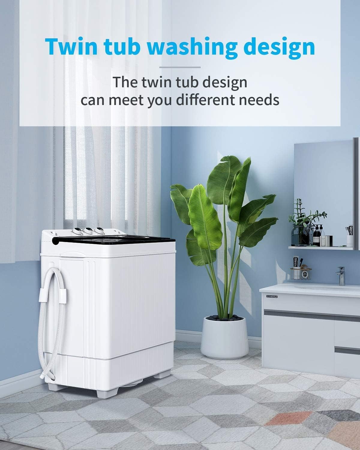 Compact Twin Tub Portable Mini Washing Machine 26lbs Capacity, Washer(18lbs)&Spiner(8lbs)/Built-in Drain Pump/Semi-Automatic (White&Black)