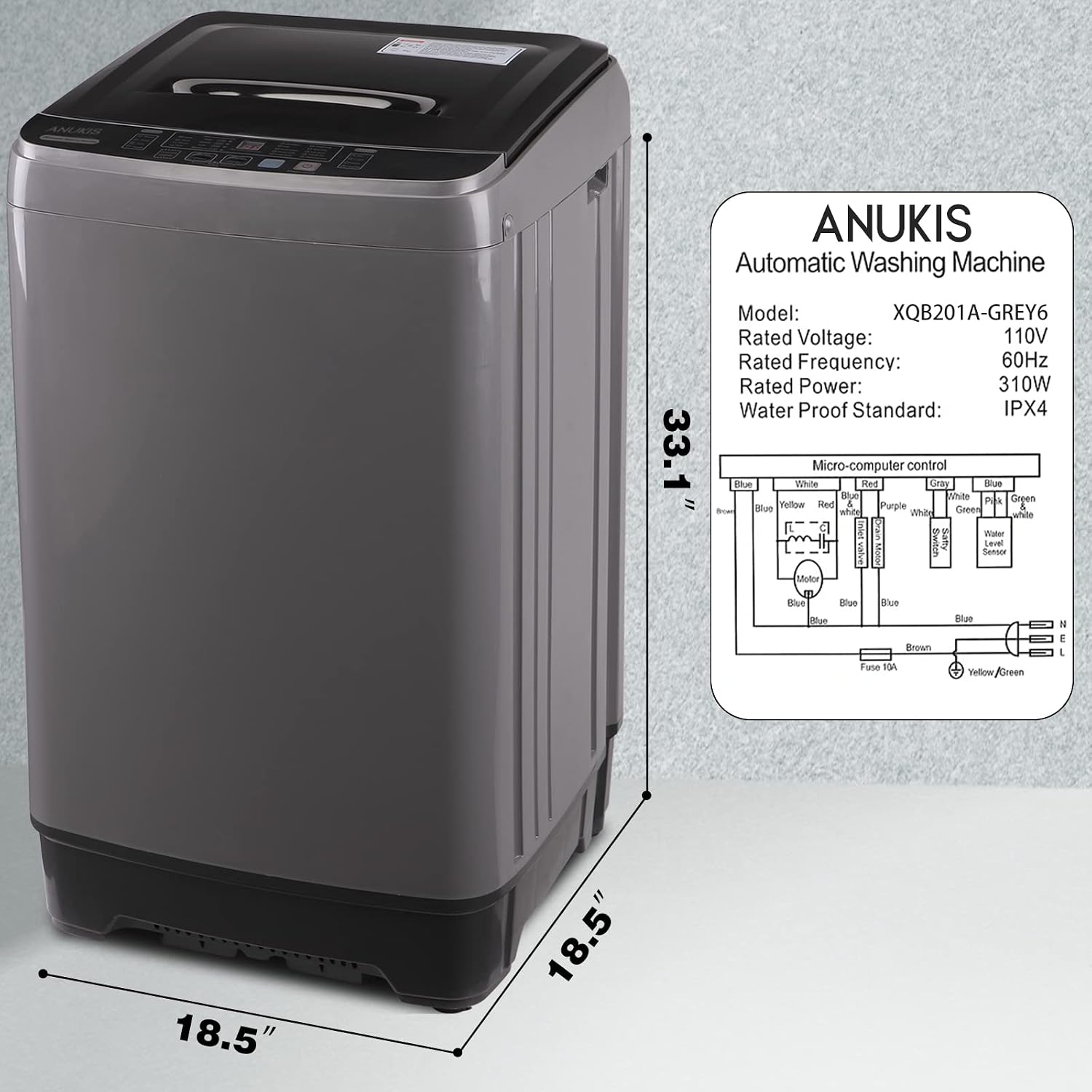 Anukis Fully Automatic Washing Machine, 13 lbs Capacity Compact Laundry Washer with Drain Pump 10 Wash Program & 8 Water Levels for Apartment, Dorm-Grey