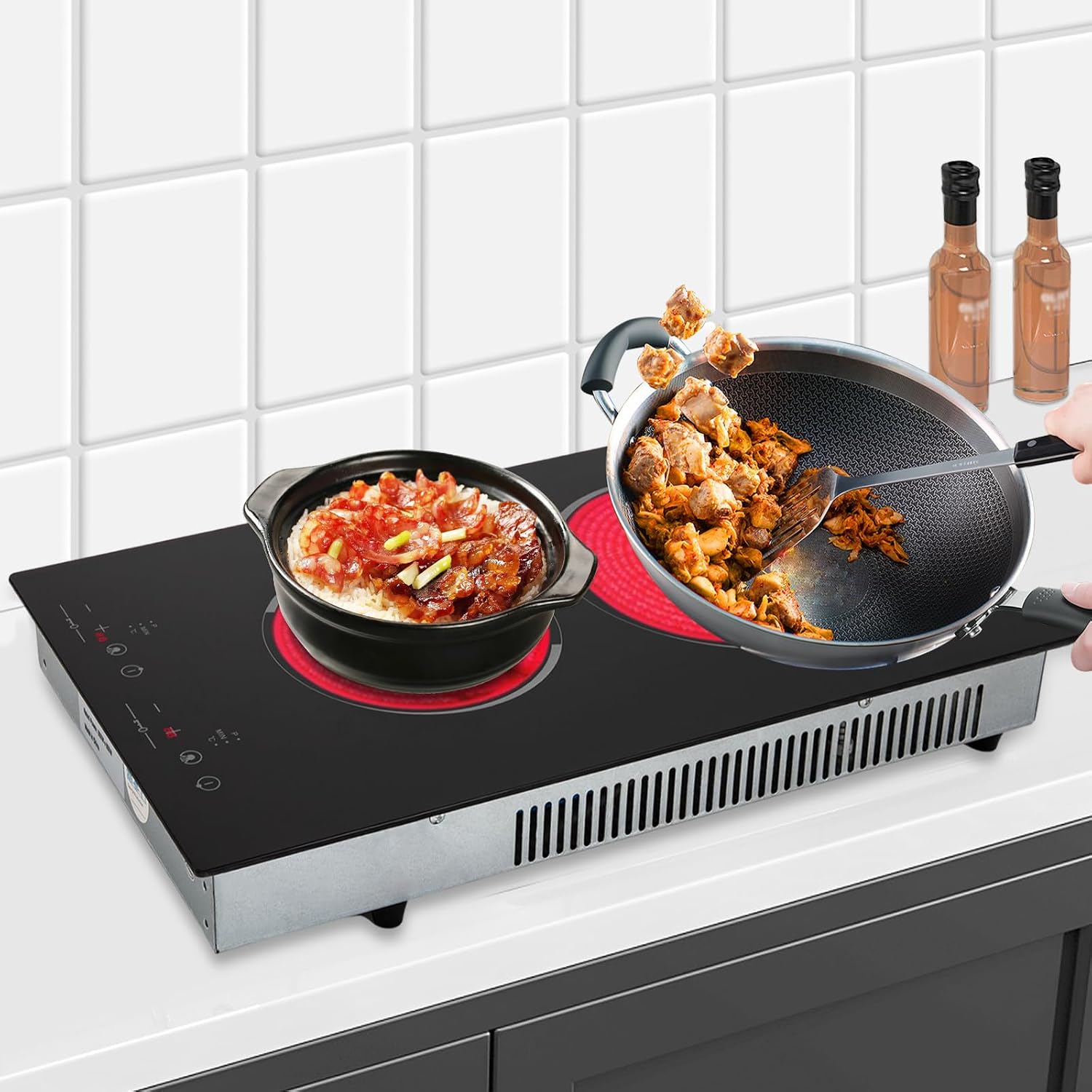 Electric Ceramic Cooktop 110V Built-in Electric Stove Top Induction Radiant Cooktop Sensor Touch Control 2/3/4 Burners 9 Power Levels, 120 Min Timer for Home All Cookware (2 Burners)