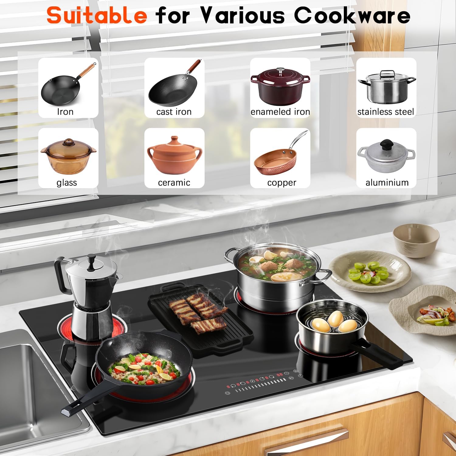 30 Inch Electric Cooktop 5 Burner 8400W Electric Stove 30 Inches Built-in Ceramic Stovetop with Touch Control, Timer, 9 Power Level, Safety Lock & Pause, 220V-240V Hard Wird (No Plug)