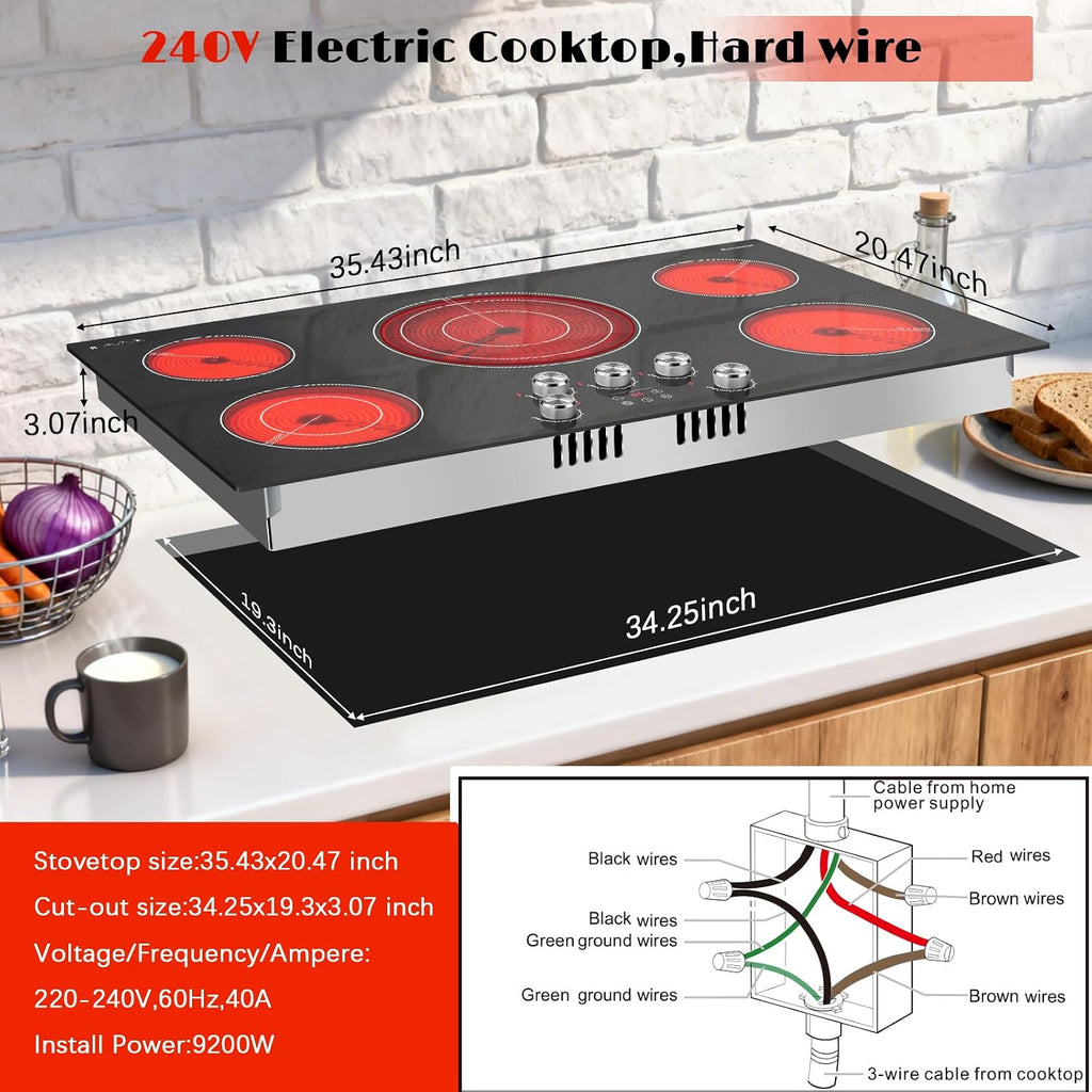 Karinear 36 inch Electric Cooktop, 5 Burner Radiant Cooktop with Knob & Touch Control, 9200W 240V Built-in Stove Top, 9 Power Levels, Timer, Child Lock, Pause, Residual Heat Indicator(Sliver Knob)
