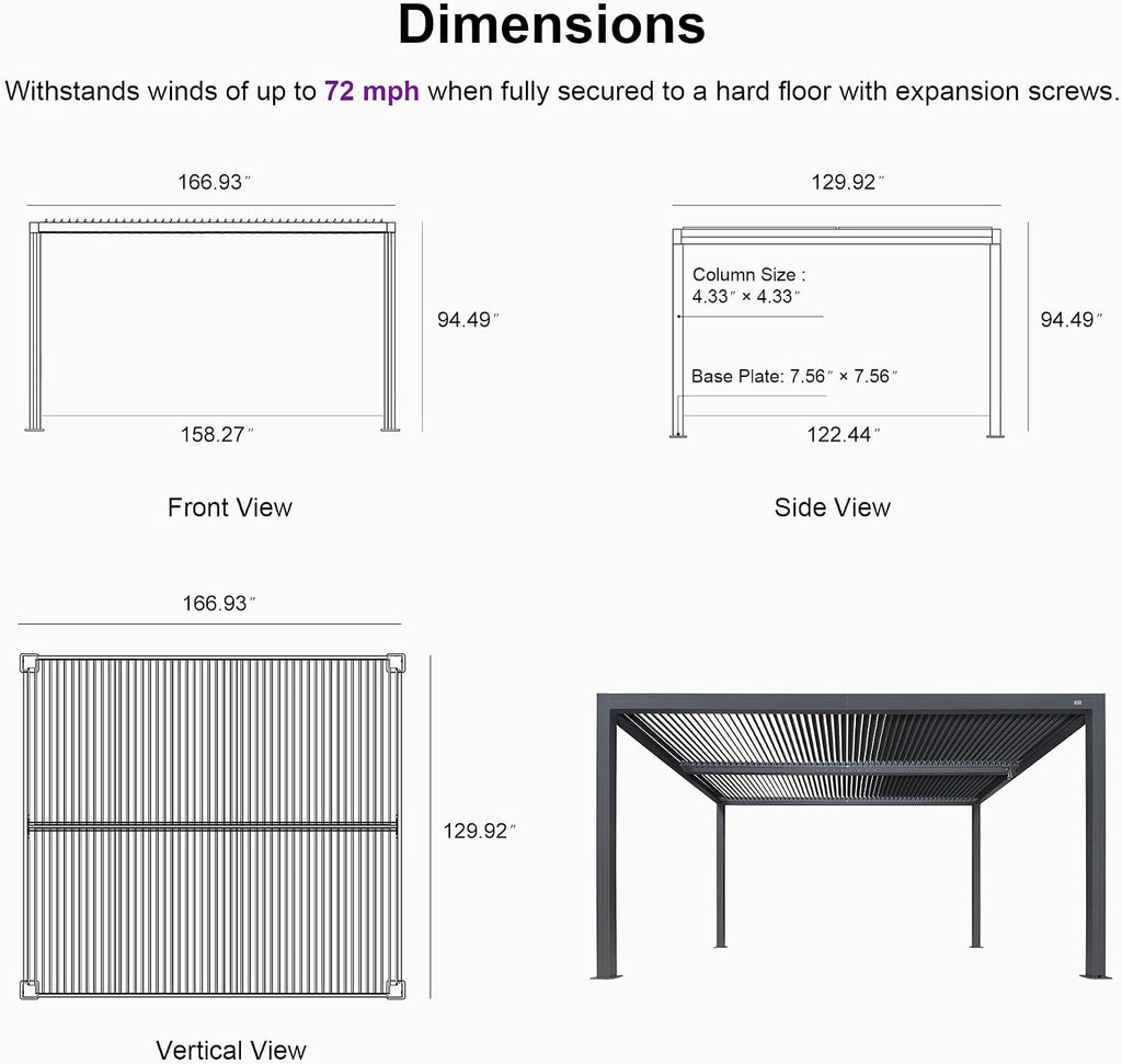 PURPLE LEAF Louvered Pergola 94AS 11' x 14' Outdoor Aluminum Pergola with Fixed Shutter Wall Adjustable Roof for Deck Backyard Grey Hardtop Gazebo, 1 Short Side