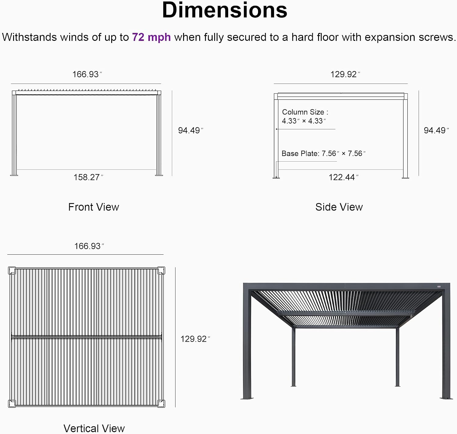 PURPLE LEAF Louvered Pergola 94AS 11' x 14' Outdoor Aluminum Pergola with Fixed Shutter Wall Adjustable Roof for Deck Backyard Grey Hardtop Gazebo, 1 Short Side