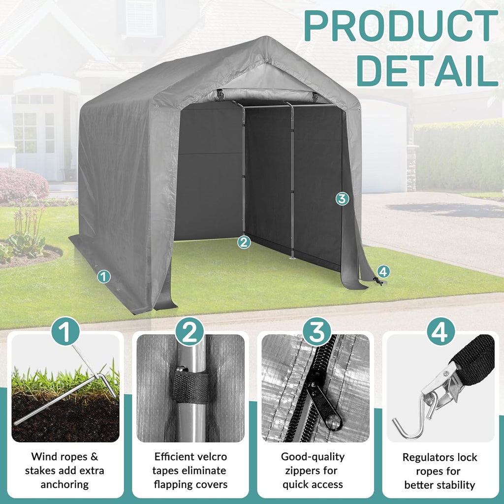 Outvita Outdoor Portable Storage Shed Tent, 8x8 ft Waterproof Carport with Roll-Up Zipper Door and Durable Galvanized Steel Frame, Ideal for Motorcycle, GTV, Bike, Wood Tool Lawn Mower Storage