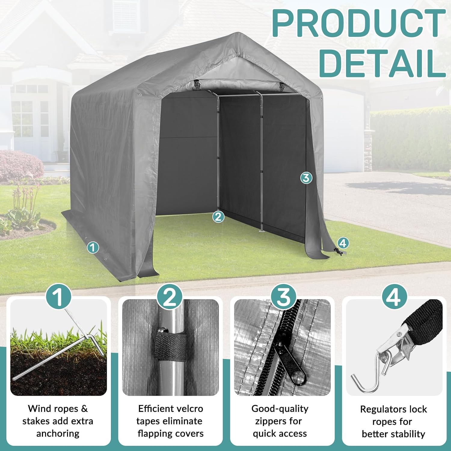 Outvita Outdoor Portable Storage Shed Tent, 8x8 ft Waterproof Carport with Roll-Up Zipper Door and Durable Galvanized Steel Frame, Ideal for Motorcycle, GTV, Bike, Wood Tool Lawn Mower Storage
