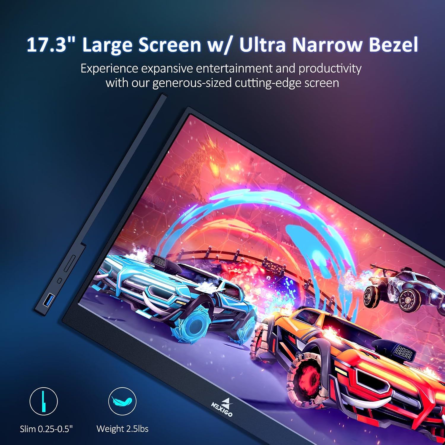 NexiGo 300Hz 17.3 Inch Portable Monitor (NG17FGQ-S), FreeSync, G-SYNC Compatible, FHD IPS Gaming Display, Dual Speakers Eye Care Screen with HDMI/Type C for Laptop PC/MAC/Console, Built-in Kickstand