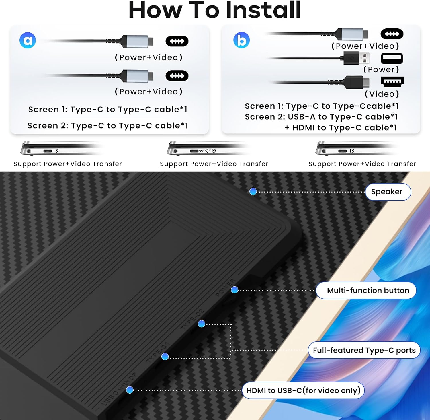 Laptop Screen Extender, 15.6'' 1080P FHD Laptop Monitor Extender with 235°Rotation Detachable Dual Monitor, Plug & Play, Triple Screen for 13'-17.3' Laptops Compatible with Mac/Wins/Android/Dex