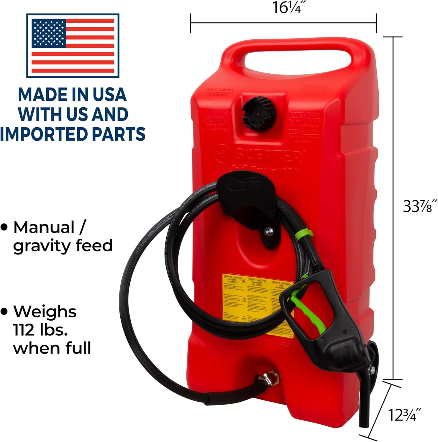 Scepter Duramax Flo 'N Go 14 Gallon Gas Caddy, 53 Liter Portable Fuel Tank and Fuel Transfer Pump with 10-Foot Hose for Lawn Mower, Farm, Marine, Commercial, and Home Use, Red