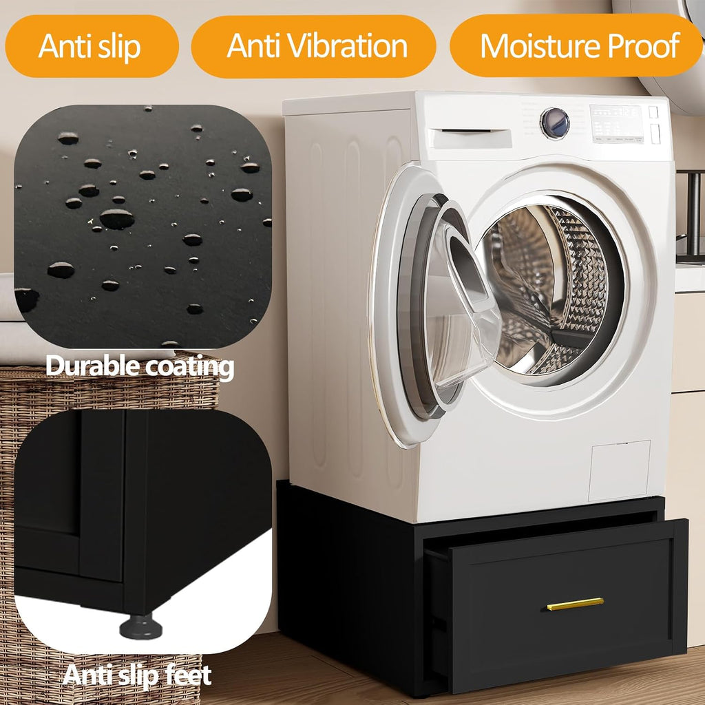 2 Pack Laundry Pedestal Heavy Duty Metal Washer and Dryer Pedestals, 16' H Universal Fit Washer Stand Base, Washing Machine Stand with Storage Drawer, 440lbs Mini Fridge Stand, (Black, 2PCS)