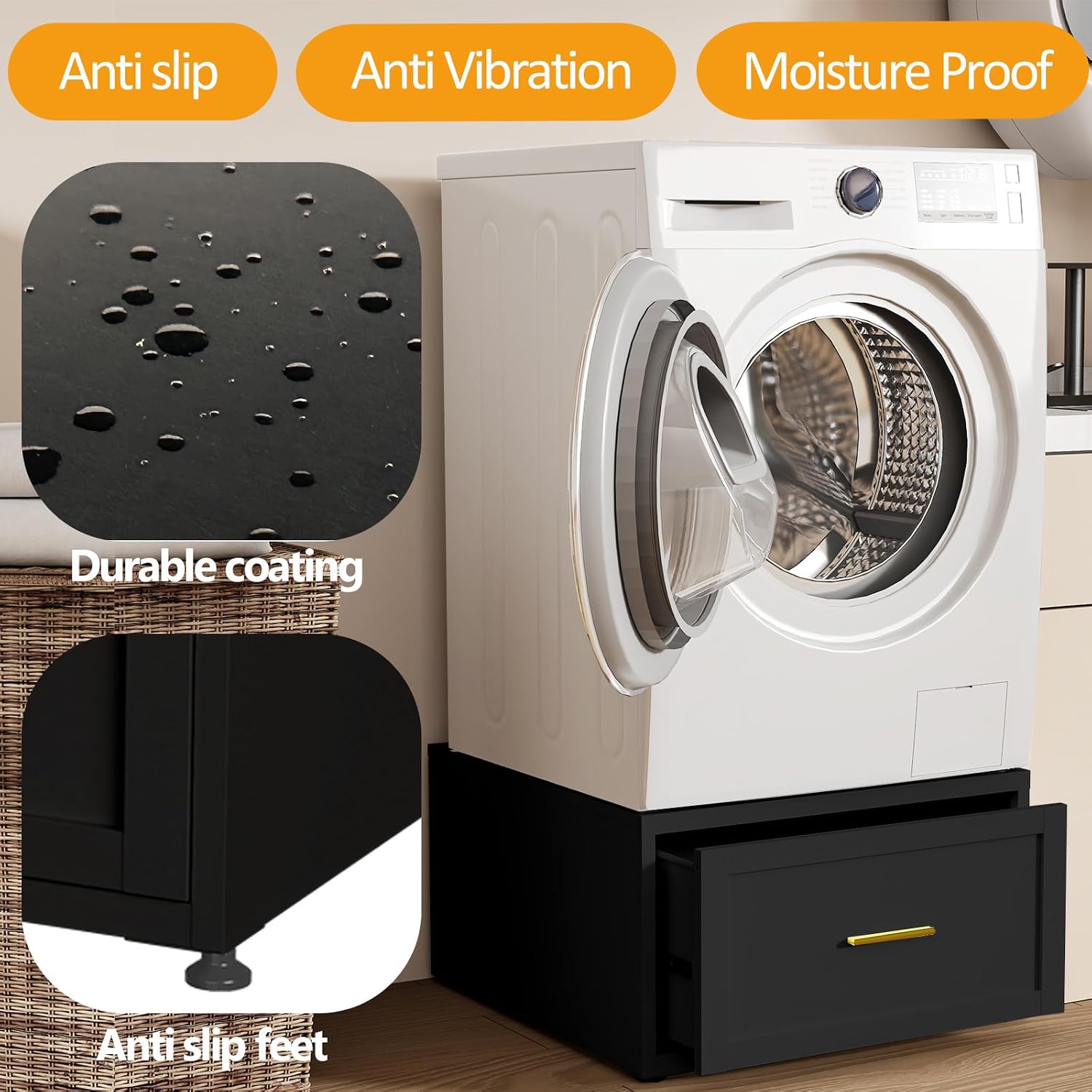 2 Pack Laundry Pedestal Heavy Duty Metal Washer and Dryer Pedestals, 16' H Universal Fit Washer Stand Base, Washing Machine Stand with Storage Drawer, 440lbs Mini Fridge Stand, (Black, 2PCS)