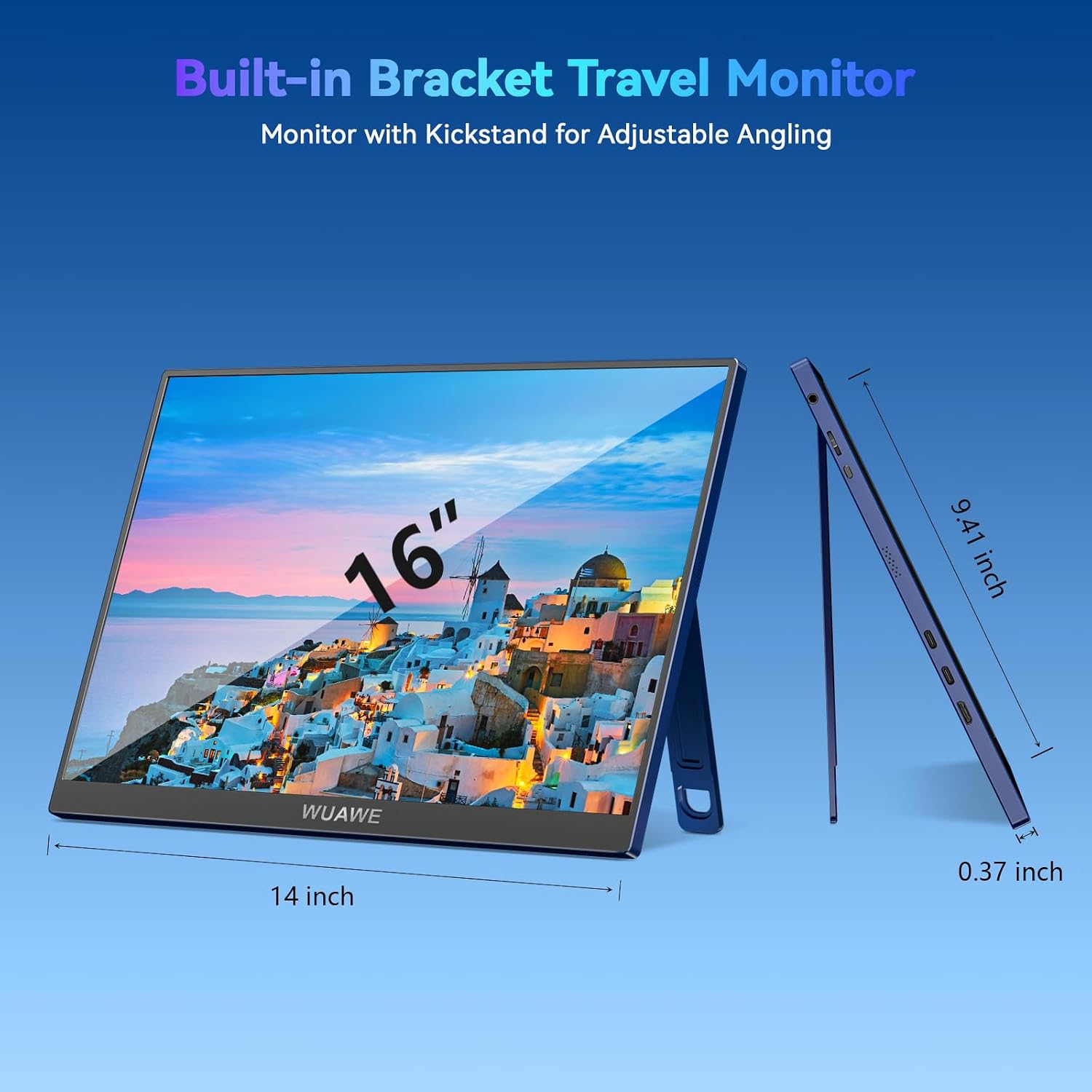 WUAWE 16' 1200P 120Hz Portable Monitor for Laptop, 100% sRGB Portable Laptop Monitor with Built-in Stand, HDR and Freensync, External USB C Monitor for Phone, MacBook, Laptop, PC(Blue)
