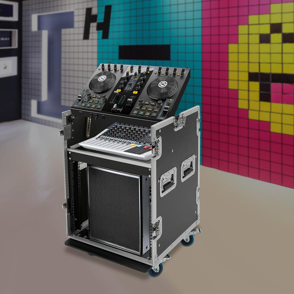 PA DJ Rack, 10U Road Case with 4 Universal Rubber Wheels, Audio Rack for studios, home theatres, KTVs