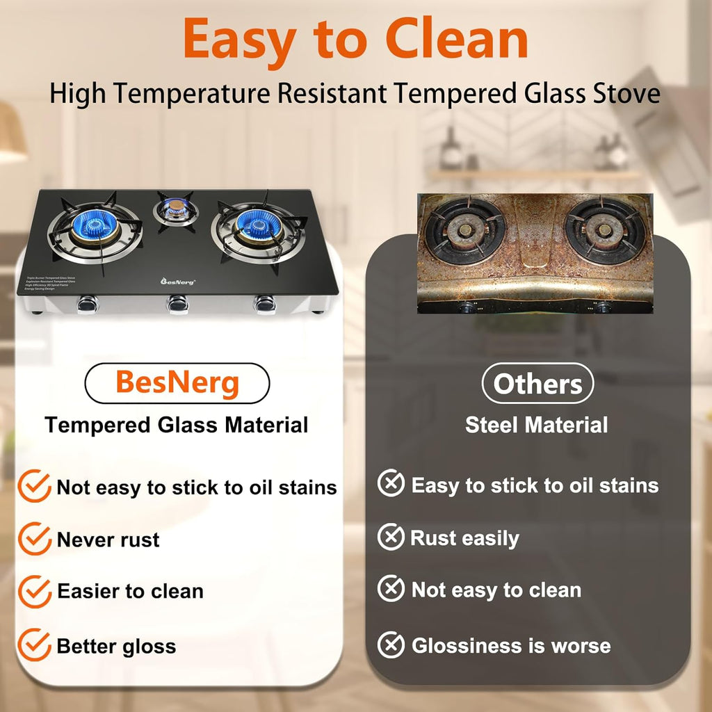 3 Burner Propane Gas Stove with Auto Ignition, 34000 BTU High-Efficiency Heavy-Duty Tempered Glass Cooktop, CSA Regulator & Hose Included, for Outdoor Camping Emergency