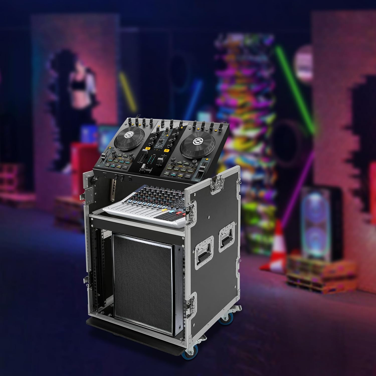 PA DJ Rack, 10U Road Case with 4 Universal Rubber Wheels, Audio Rack for studios, home theatres, KTVs