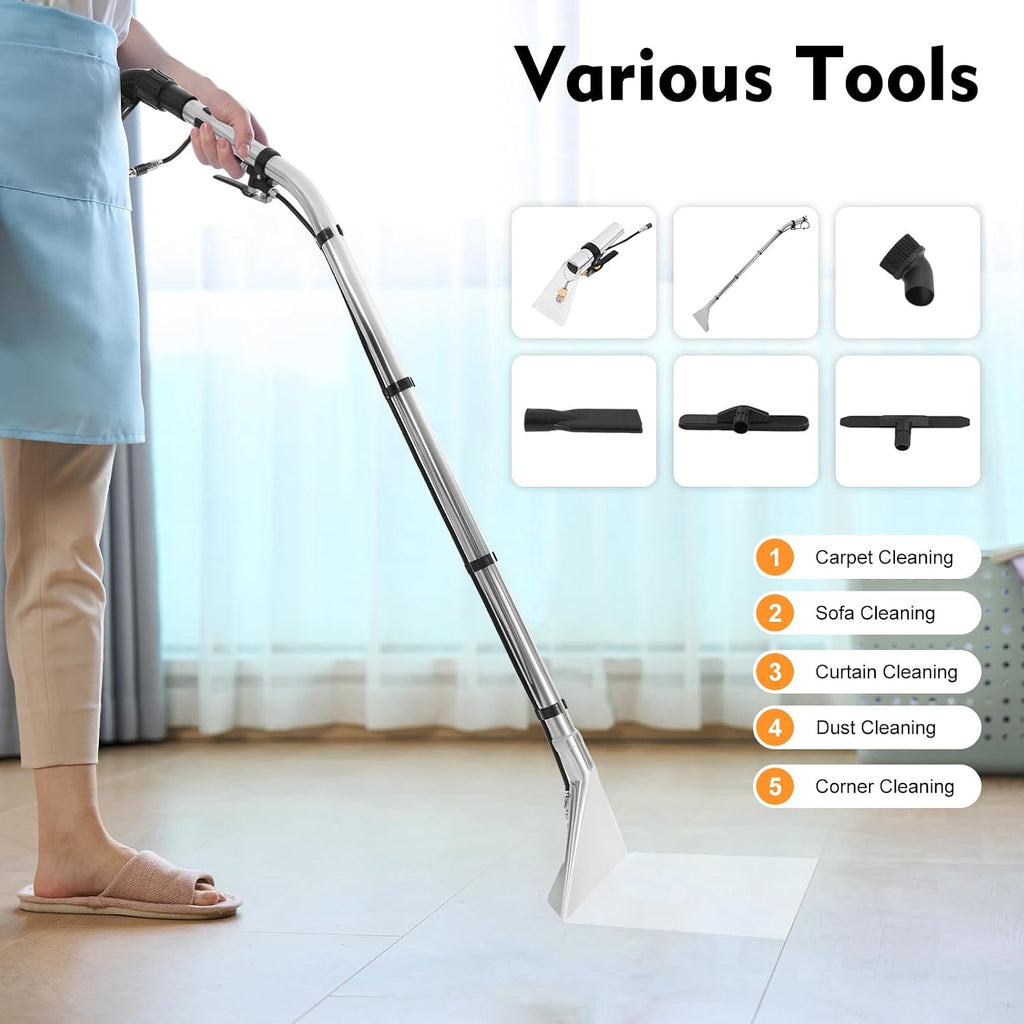 Commercial Carpet Cleaner Machine, 230mbar Heavy-Duty 10.6Gal Tank Stainless Steel Carpet Shampooer with 4 Attachments Wet/Dry Cleaner for Carpets/Sofa/Vacuuming 110V