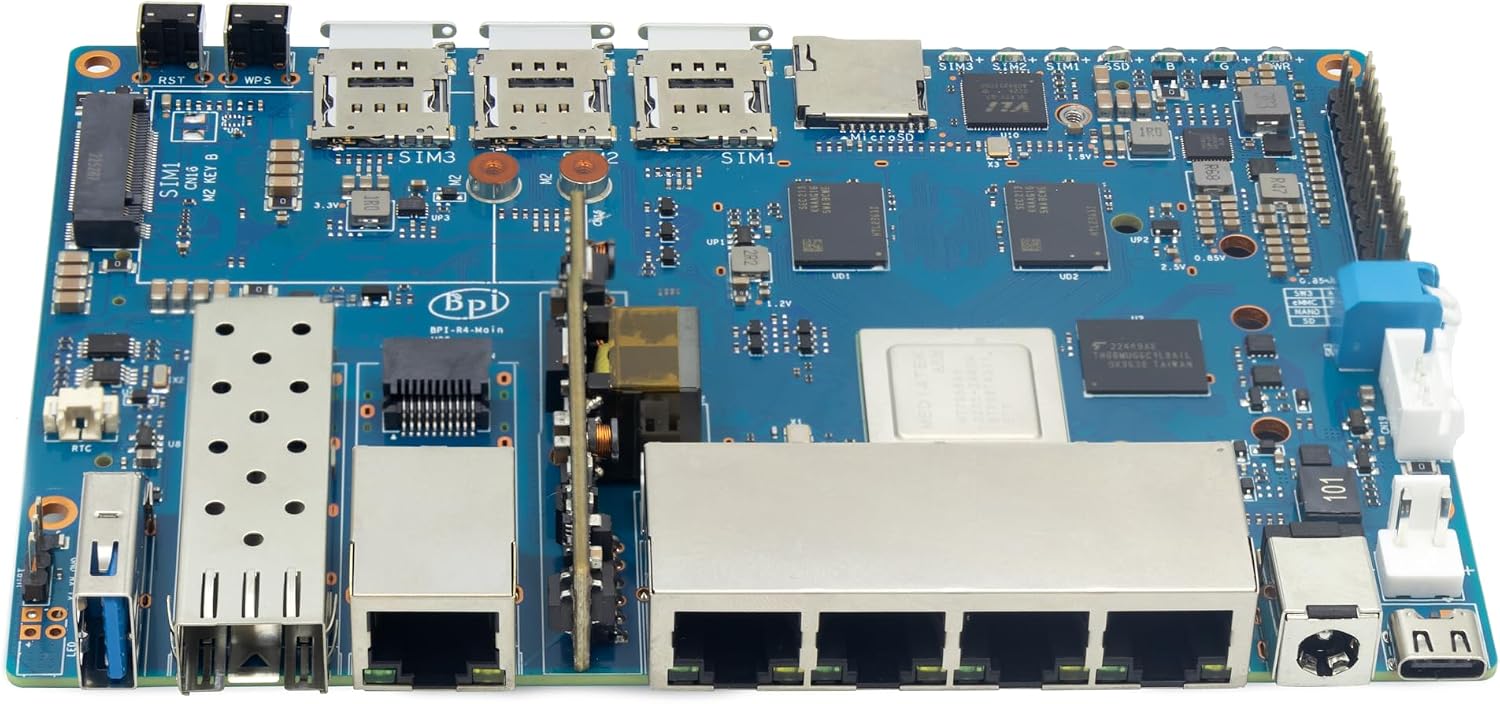 Banana Pi BPI-R4 WiFi 7 Wireless Dual-Band WiFi Router Board OpenWRT, with MediaTek MT7988A (Filogic 880) SoC, Support 2X 10GbE SFP and 4X GbE Gigabit Ethernet for NAS Smart Home Gateway (POE SET2)