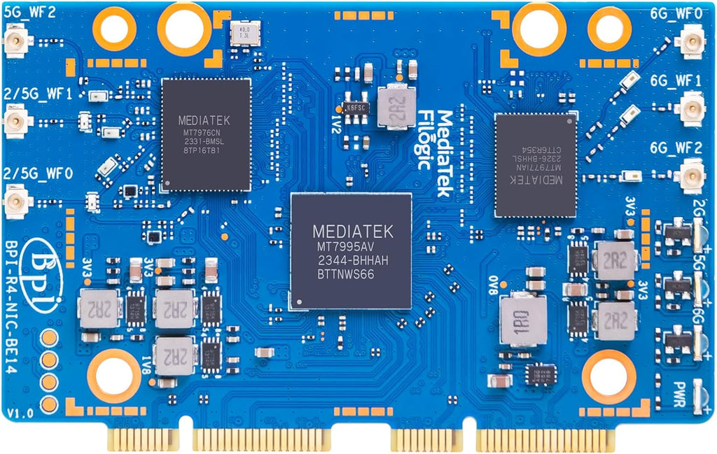 Banana Pi BPI-R4 NIC BE14 WiFi 7 Module for BPI-R4 Wireless Tri-Band WiFi Router Board OpenWRT, MediaTek MT7995AV CPU 32 bits RISC-V MCU, with 6X 2G/5G/6GHz WiFi Antenna (WiFi7 NIC Module)