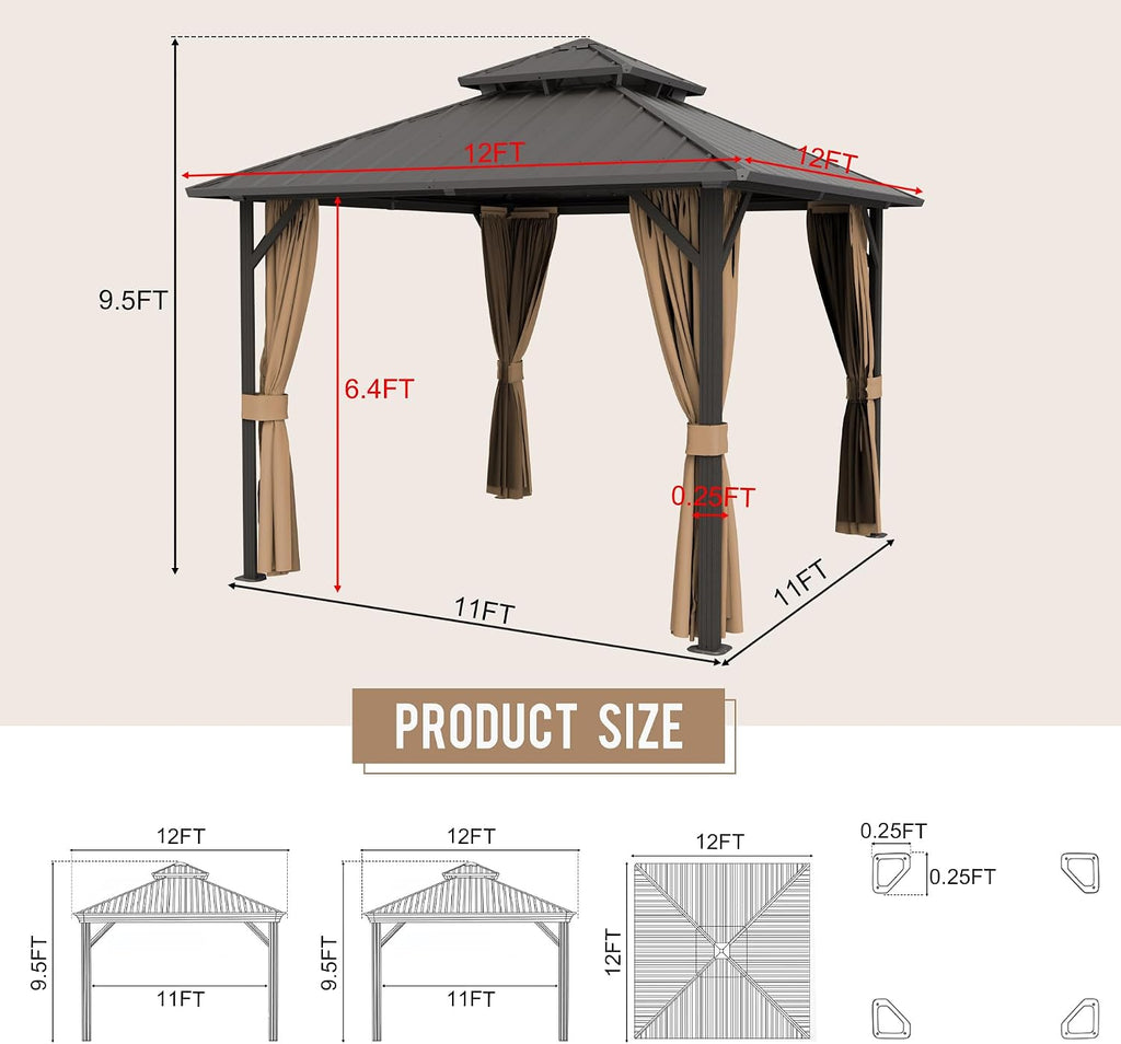 12'x12' Hardtop Gazebo, Outdoor Aluminum Frame Galvanized Steel Double Roof Pavilion with Netting and Shaded Curtains, Permanent Metal Pergolas for Patio, Backyard, Deck and Lawns.