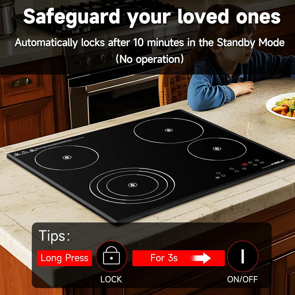 24 Inch Electric Cooktop 4 Burners,6500W 24' Electric Ceramic Cooktop with Child Lock & Auto Safety, Built-in/Countertop Infrared Cooker, 9 Power Levels, Easy-Clean Glass (No Plug)