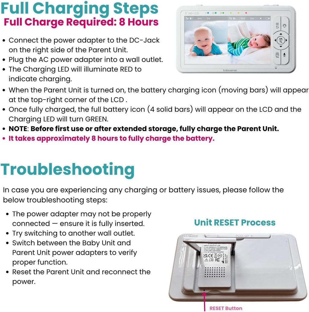 Babysense 5' HD Split-Screen Baby Monitor, Video Baby Monitor with 2 Cameras and Audio, Night Light, 1000ft Range, Two-Way Audio, 4X Zoom, Night Vision, 4000mAh Battery