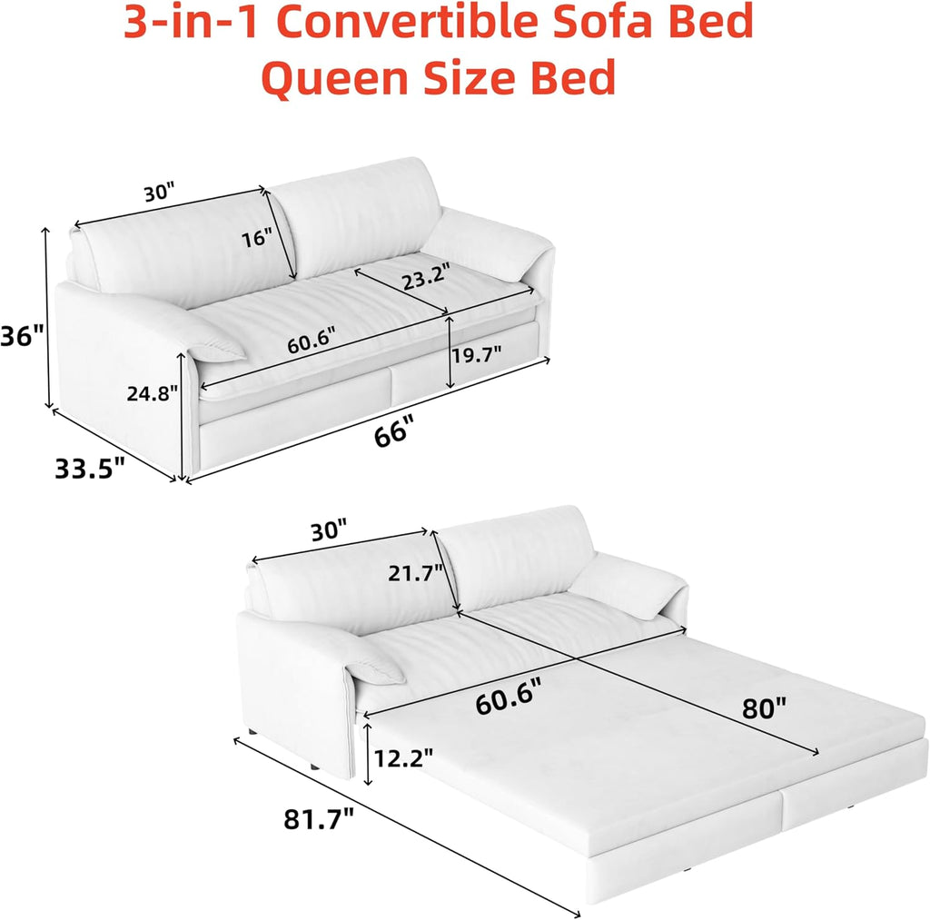 66' Convertible Queen Size Sleeper Sofa Couch Bed Pull Out Sleeper Sofabed for Living Room 3 in 1 Multi-Functional Oversized Cloud Futon Loveseat Recliner Lounge Chaise w/Side Storage,Soft Armrest