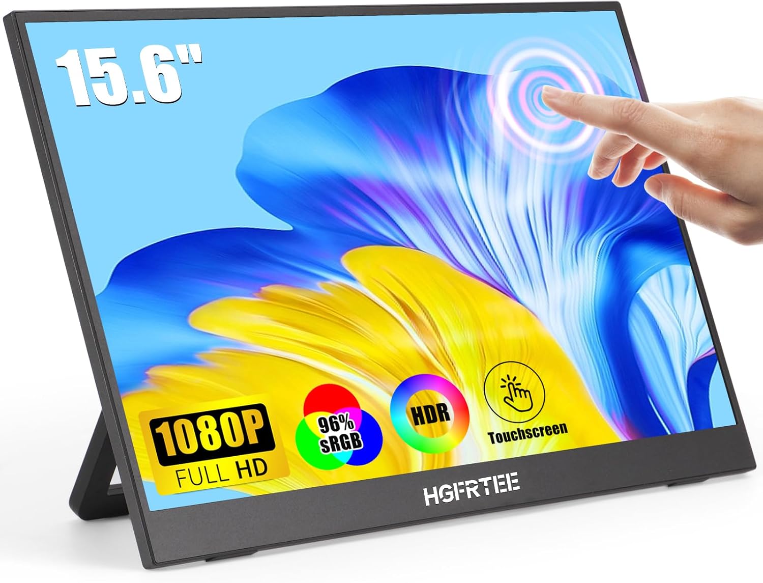 Portable Monitor Touchscreen 15.6', 1920x1080 60Hz FHD IPS HDR 10-Point Touch Screen Monitor with Built-in Stand & Speaker, HDMI USB C VESA External Travel Monitors for Laptop, PC, Mac, Phone