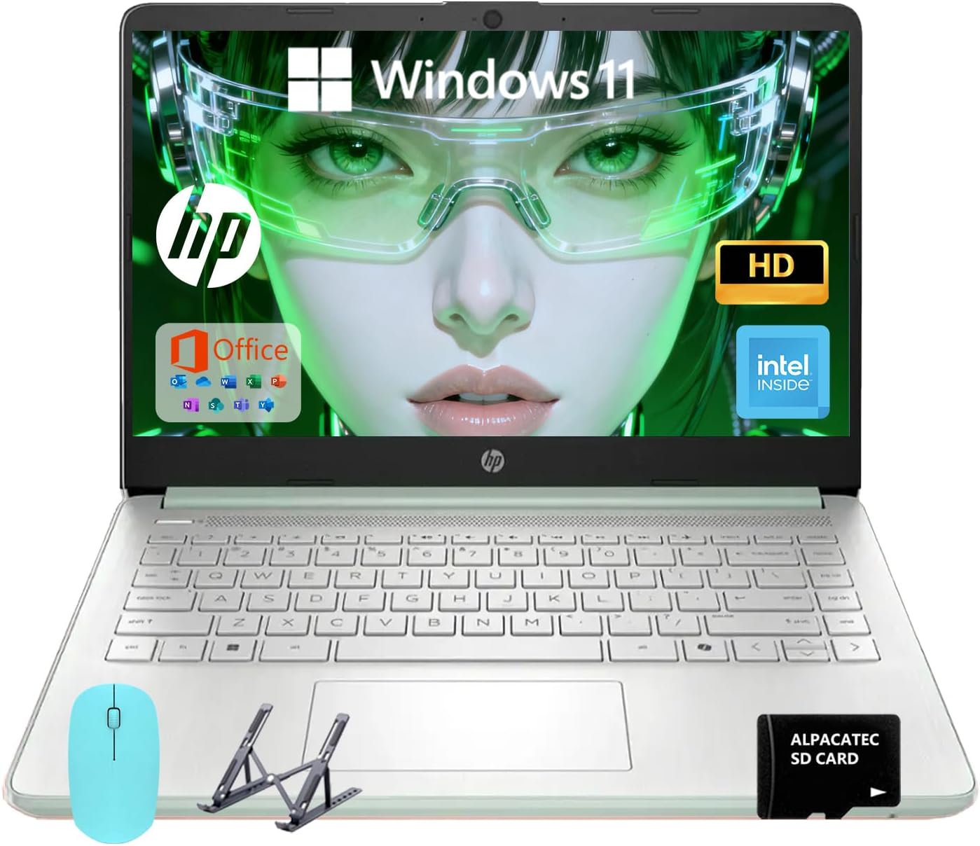 HP 14 Elite Laptop, 16GB RAM, 1.12TB Total Storage (128GB UFS+1TB Cloud), Willow Green, Office 365, Intel 4-Core, Win11, Copilot AI, 11Hr Battery, Alpacatec Mouse