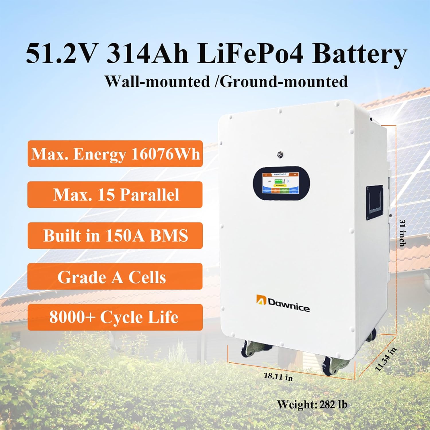11KW Off-Grid Solar Power System Complete Kit with 20PCS Bificial 550W Solar Panels 10KW Solar Storage Inverter with MPPT Controller 48V 314Ah 16KWh LiFePO4 Battery 120/240Vac