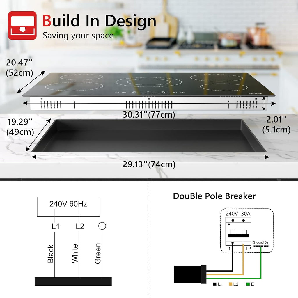 Electric Cooktop 30 Inch, IsEasy Ceramic Cooktop 5 Burners, Electric Stove Top Built-in Countertop 8200W with 9 Heating Level, 220-240V, Hard Wire, No Plug