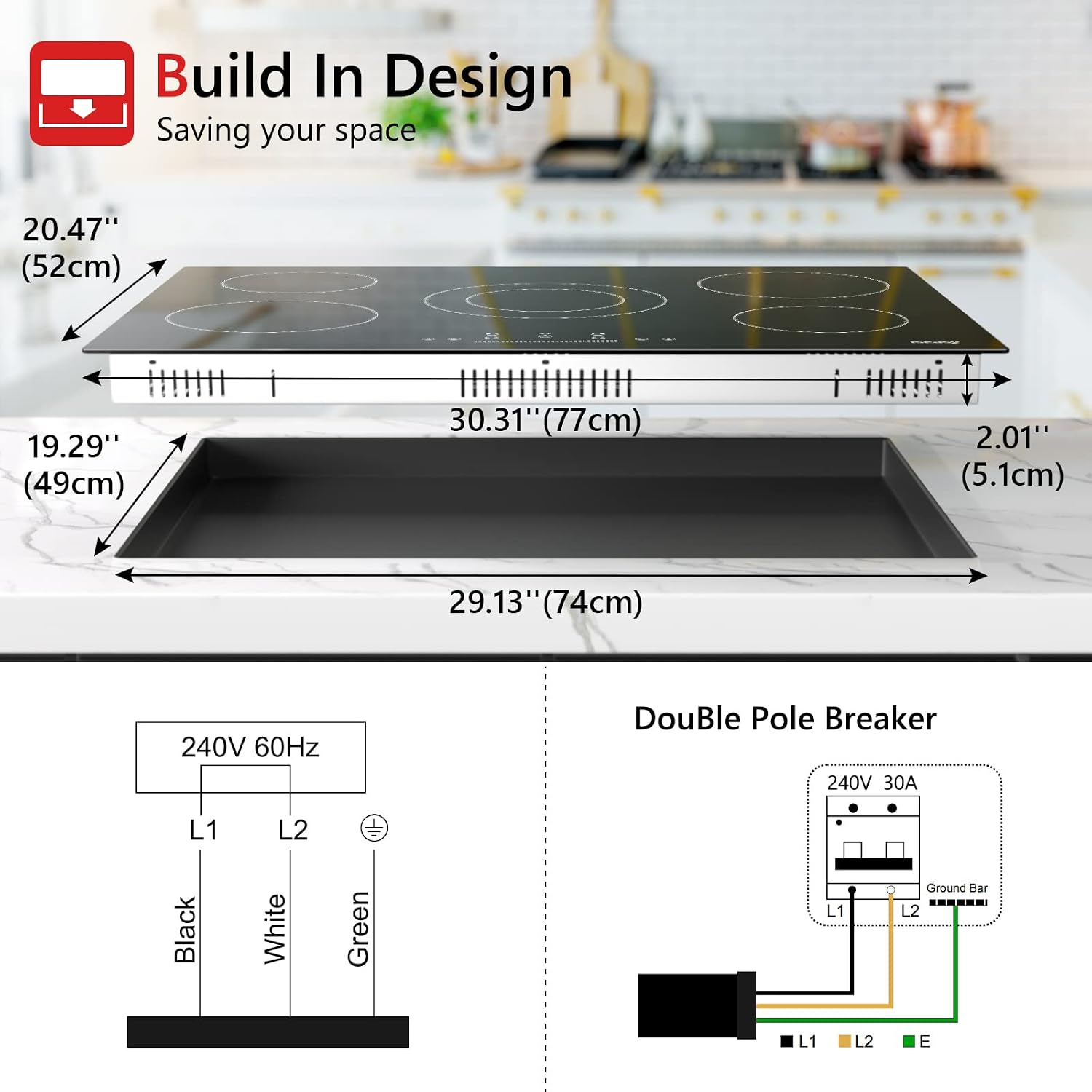 Electric Cooktop 30 Inch, IsEasy Ceramic Cooktop 5 Burners, Electric Stove Top Built-in Countertop 8200W with 9 Heating Level, 220-240V, Hard Wire, No Plug