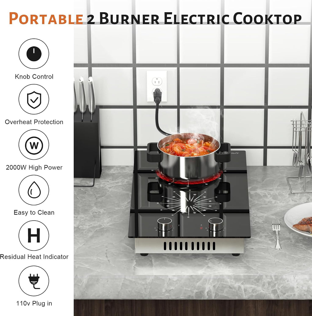 2 Burner Electric Cooktop - 12 Inch Electric Stove Built-in & Countertop, 120V Portable Two Burners Electrical Stovetop with Knob Control, Over Heat Protection, 9 Power Level, 110V Plug in