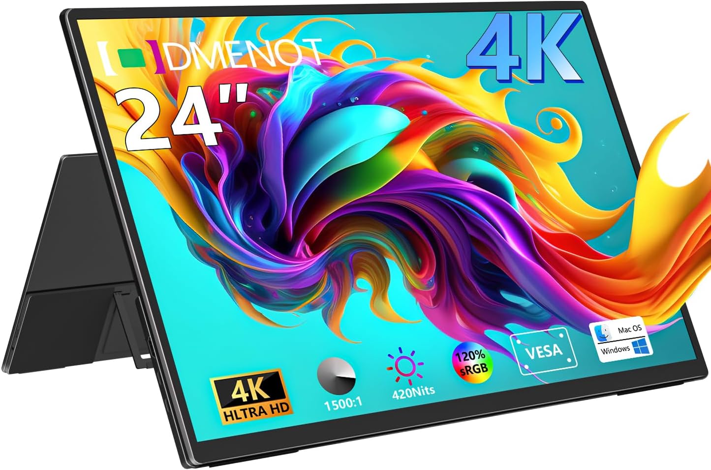4K Large Portable Monitor 24' Travel Monitor UHD 3840*2160 120% sRGB External Second Screen for MacBook Laptop Desktop Mini PC W/Stand VESA HDMI USB-C Gaming Display for PS5/Xbox Devices(O2401) (4K)
