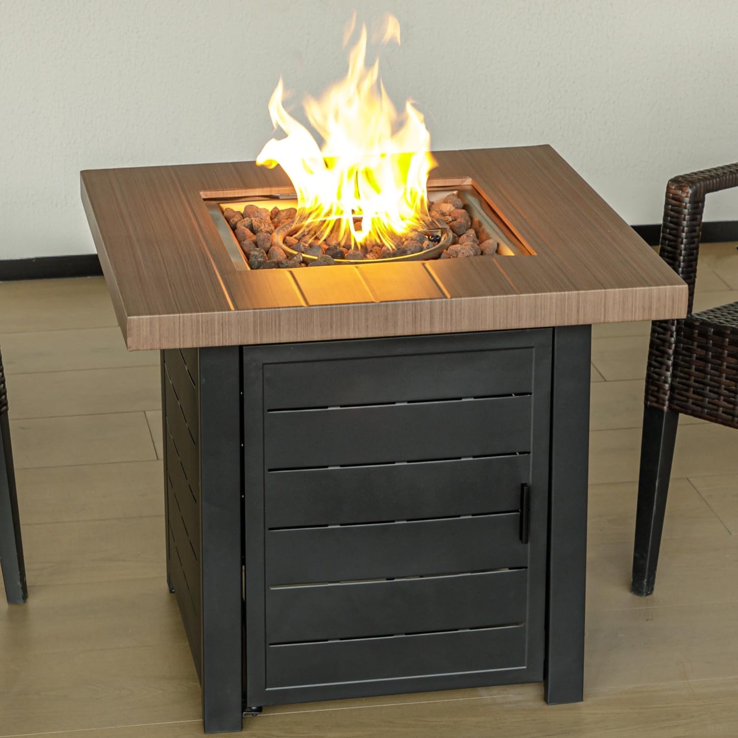 OutVue 28 Inch Propane Fire Pit Table, Outdoor Gas Fire Pits with Lid & Lava Rock, 50000 BTU Firepit for Dinning, Party in Outside, Patio, Garden or Yard(Black&Brown)