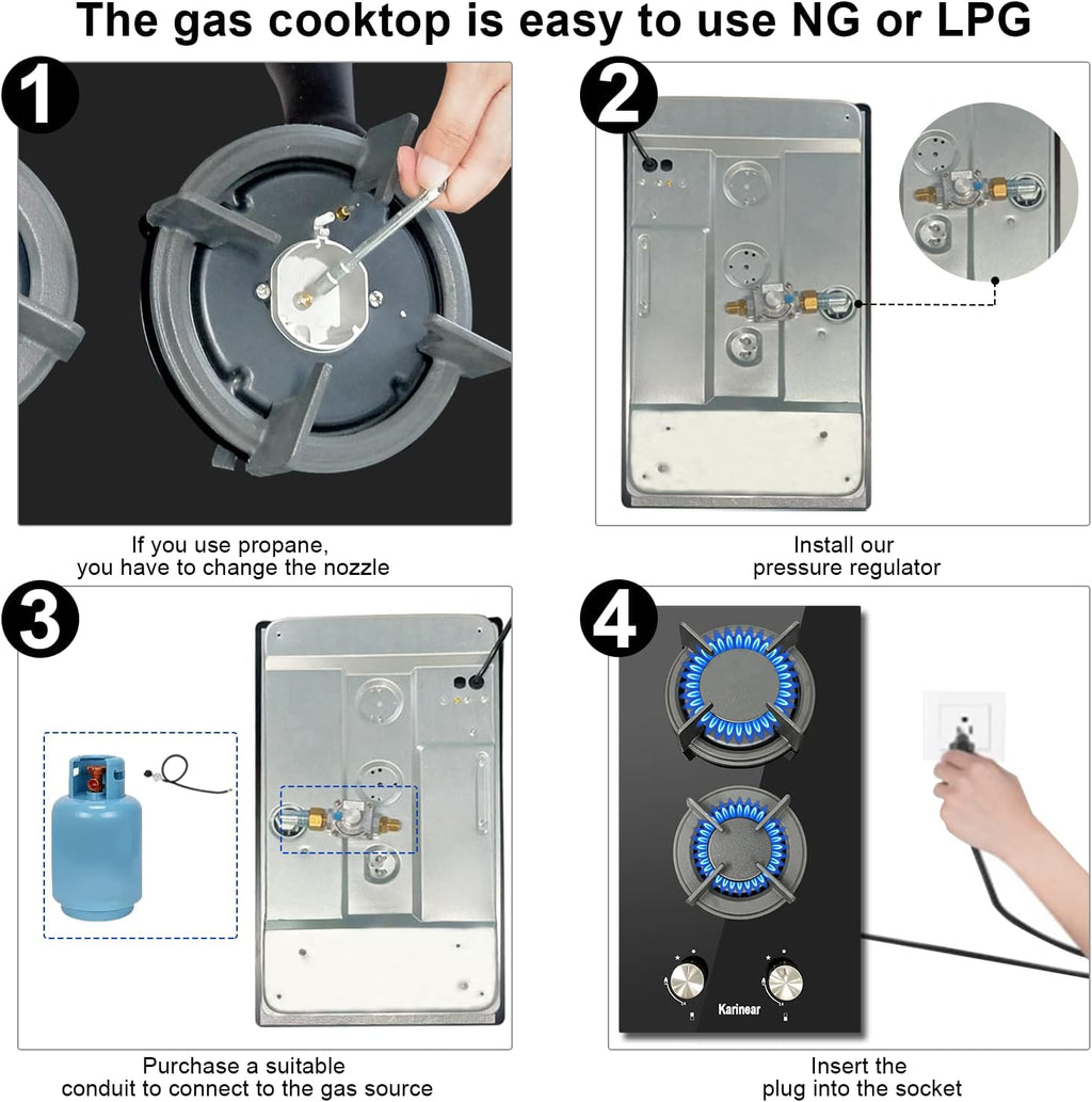 Karinear Gas Cooktop 2 Burner Propane Cooktop, 12 Inch LPG/NG Dual Fuel Gas Stove Top, Built-in Tempered Glass Gas Cooktop for Apartment, Indoor, RV