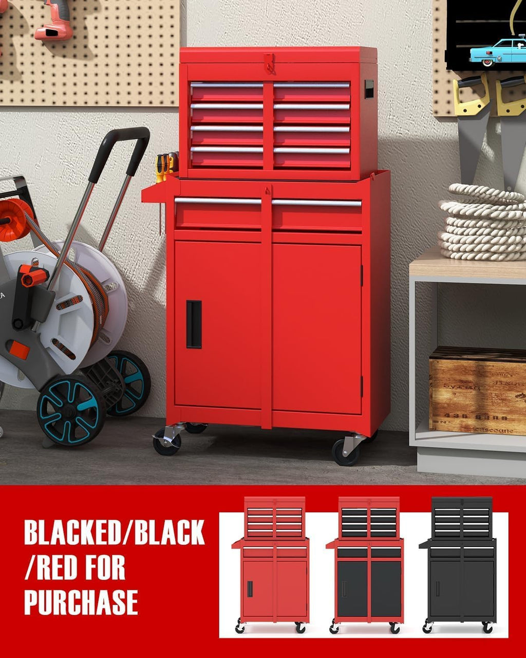 ARNOT 2-in-1 Rolling Tool Chest with 5 Drawers, Heavy-Duty Metal Tool Box with Wheels, Detachable Top Tool Box & Rolling Tool Cabinet for Garage, DIY (5-Drawers, Red)