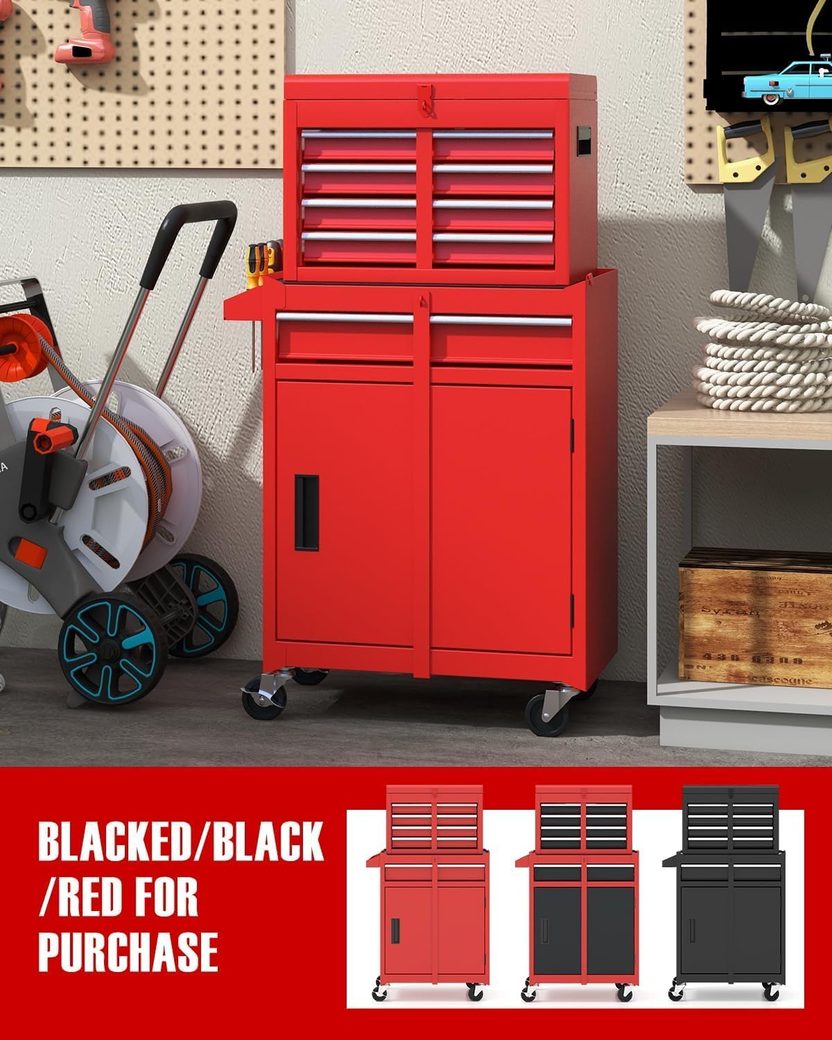 ARNOT 2-in-1 Rolling Tool Chest with 5 Drawers, Heavy-Duty Metal Tool Box with Wheels, Detachable Top Tool Box & Rolling Tool Cabinet for Garage, DIY (5-Drawers, Red)