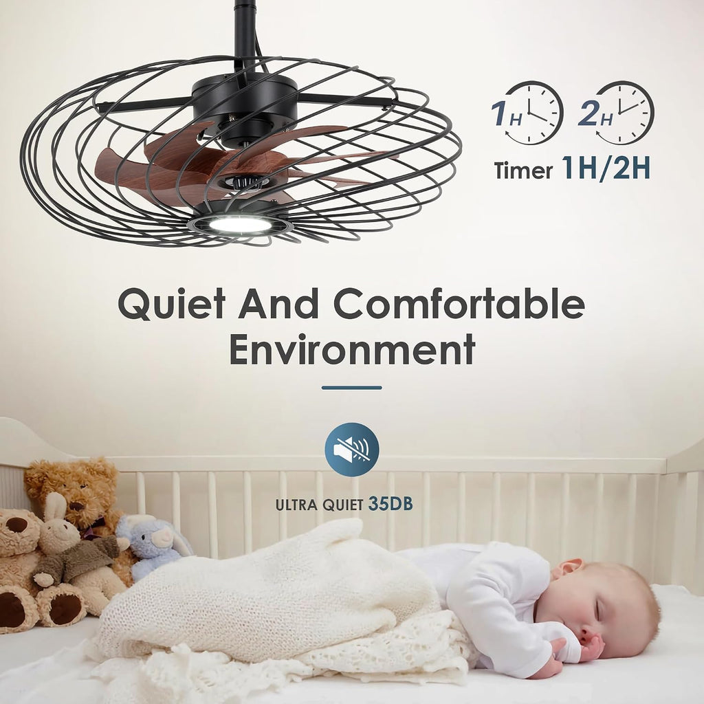 20' Outdoor Ceiling Fan with Light, Waterproof Gazebo Fan Remote Control, Dimmable LED Light, Hanging Black Caged Ceiling Fixtures with Plug in Cord for Patios Pergola
