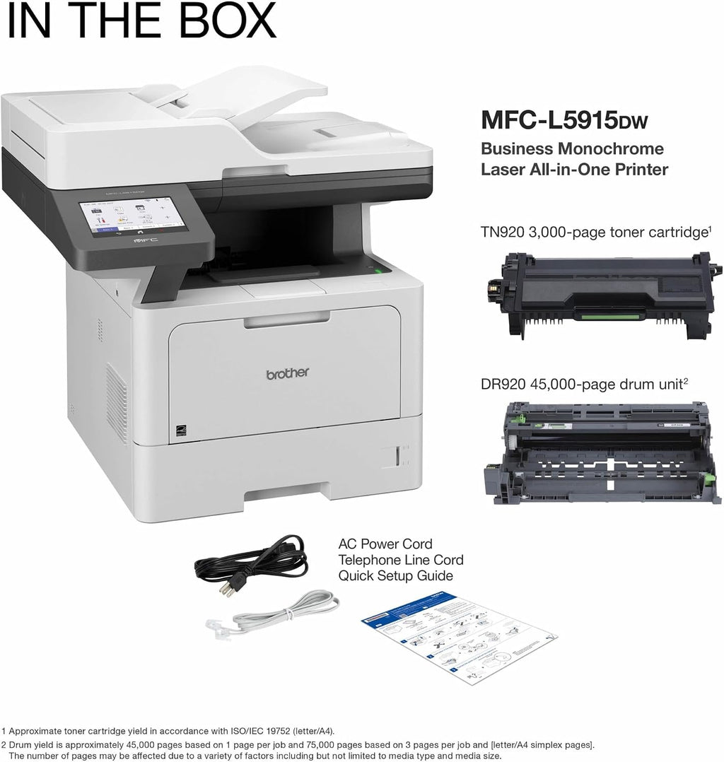 Brother Professional Laser Printer All-in-One with Scanner and Copier, High-Speed 50 ppm Monochrome Printing, Wireless Network Ready, Dual-Band WiFi, Auto 2-Sided Print (MFC-L5915DW)