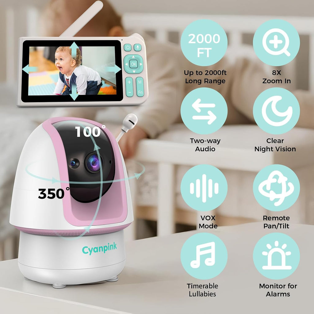 Video Baby Monitor, 2000ft Long Range, Enhanced Signal Stability, No WiFi, 5' HD Screen, 5000mAh, 1080p Camera, Super Clear Night Vision, Pan-Tilt-Zoom, 2-Way Audio, AI Cry & Motion Alarm