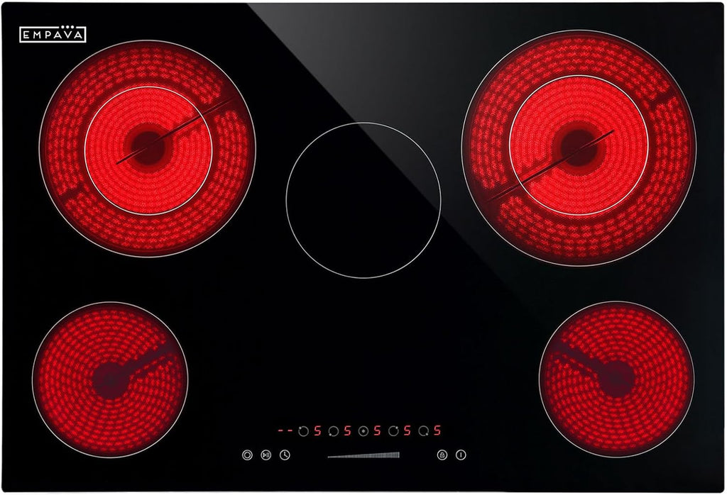 Empava 30 inch Electric Cooktop,Built in Radiant Ceramic Stove,5 Burners Including Dual Element and Warm Zone, 7200W, 220-240V Hard Wire, No Plug, ETL Certified