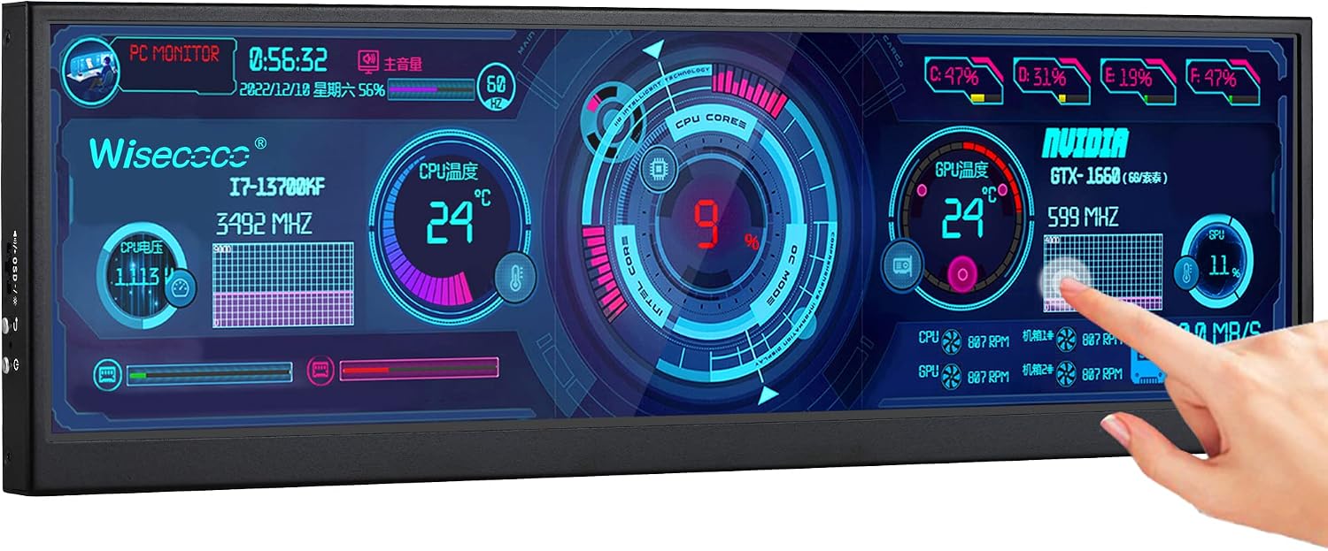 wisecoco 12.6 Inch Mini Touch Screen Monitor Secondary Screen FHD IPS Stretched Bar LCD Display 1920X515 HDMI for PC Laptop Computer Health Speed Windows Sub CPU GPU Temperature Display R126F01T-HB