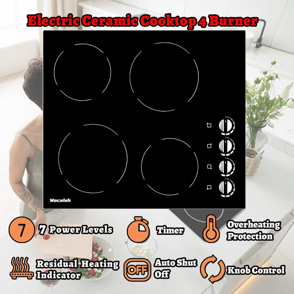 4 Burner Electric Cooktop 24 Inch, 6000W Built-In Electric Stove Top, Ceramic Glass Cooktop, Knob Control, 7 Power Levels, Built-In, 220-240V, Hard Wire, Black