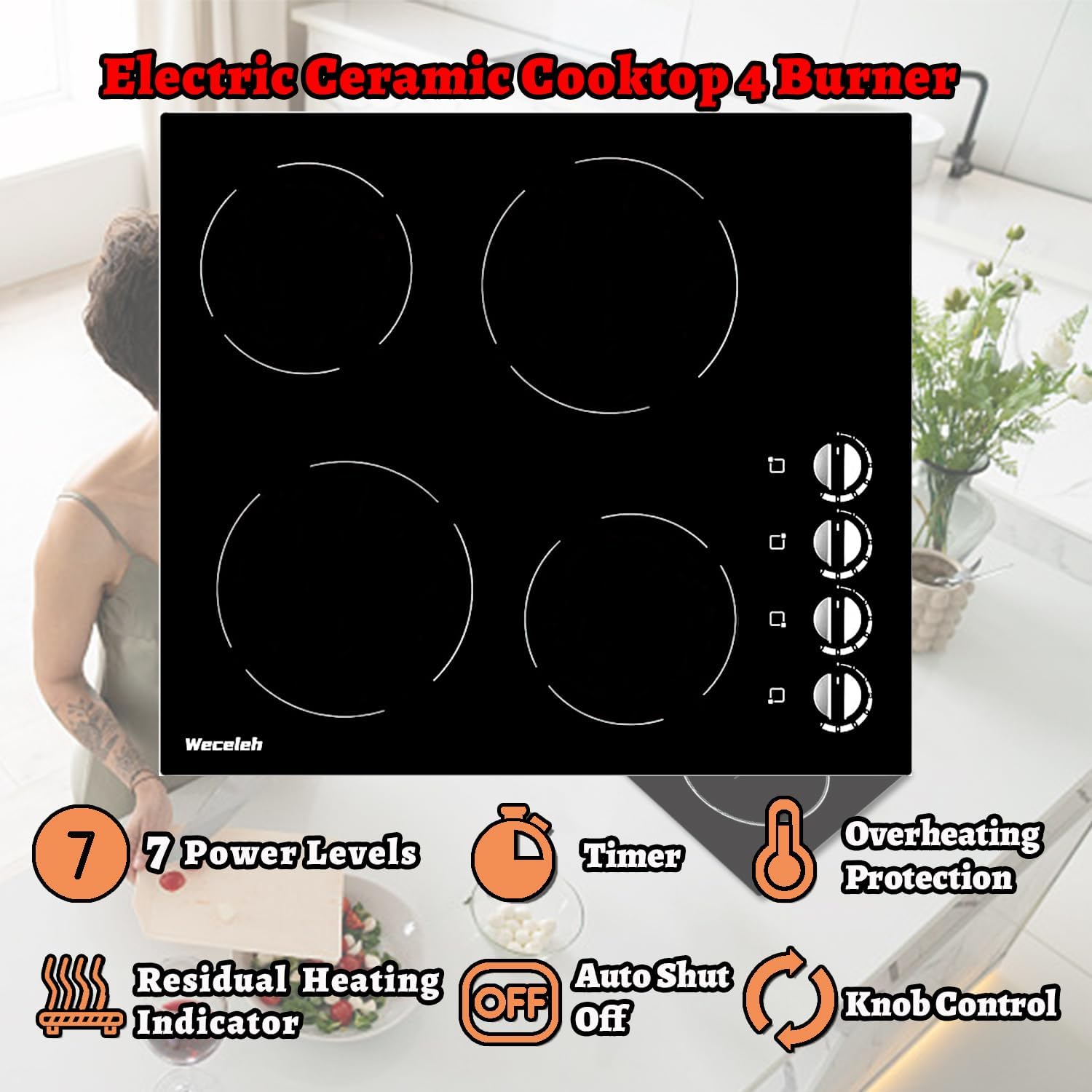 4 Burner Electric Cooktop 24 Inch, 6000W Built-In Electric Stove Top, Ceramic Glass Cooktop, Knob Control, 7 Power Levels, Built-In, 220-240V, Hard Wire, Black
