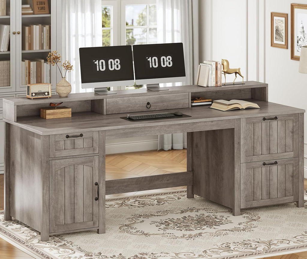 SEDETA Farmhouse 63' Executive Desk, Wood Computer Desk with Drawers and Storage Cabinet, Home Office Desk with File Drawer and Monitor Stand, Wood Desk for Work Study Writing, Grey