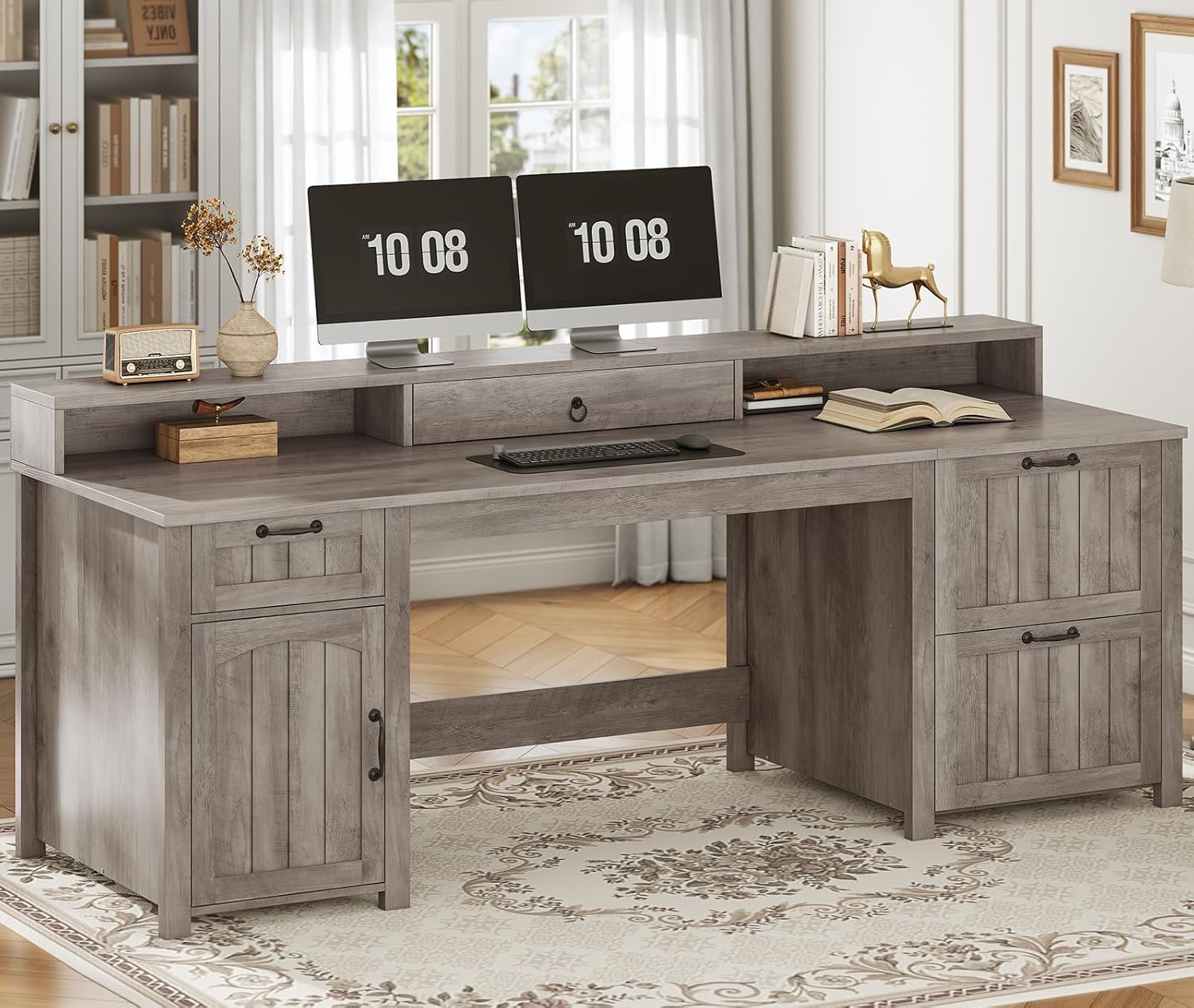 SEDETA Farmhouse 63' Executive Desk, Wood Computer Desk with Drawers and Storage Cabinet, Home Office Desk with File Drawer and Monitor Stand, Wood Desk for Work Study Writing, Grey