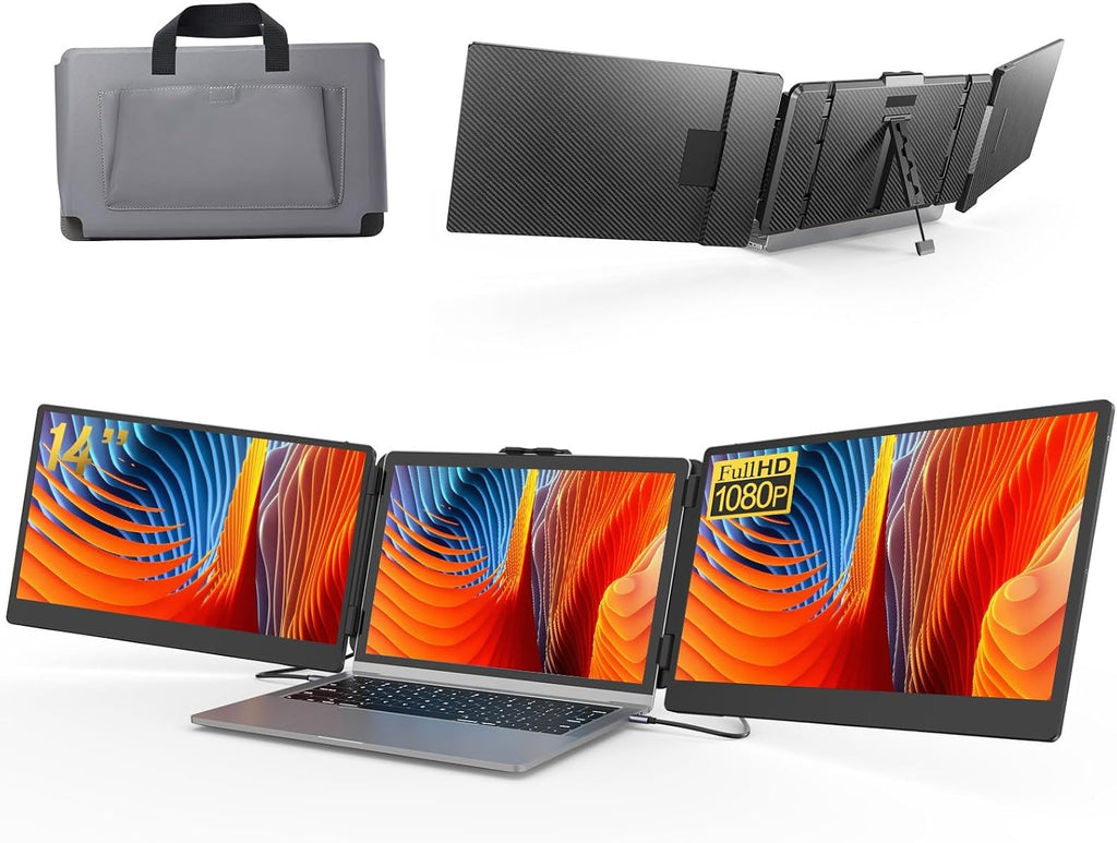 ALLVIA Laptop Screen Extender 14' 1080P FHD IPS, Portable Monitor for Laptop 13-17', Triple Monitor Extended for laptops with Dual Speakers, Plug-Play with Type-C/HDMI/USB-A for Wins/Mac/Chrome