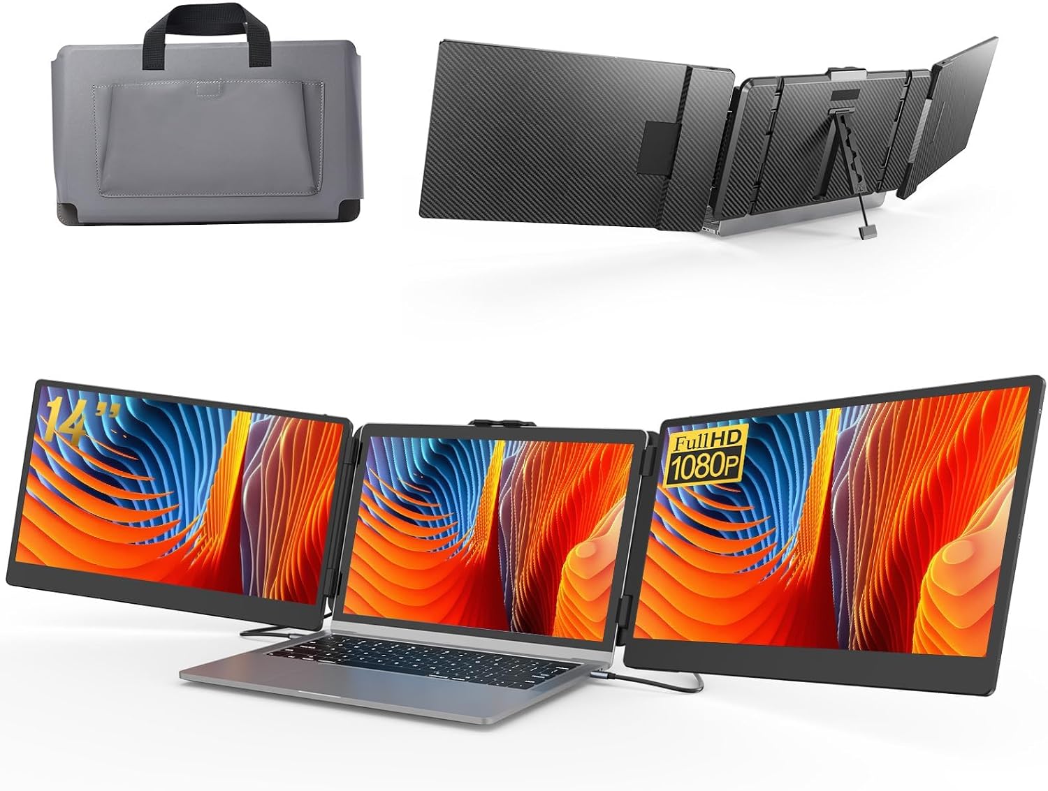 ALLVIA Laptop Screen Extender 14' 1080P FHD IPS, Portable Monitor for Laptop 13-17', Triple Monitor Extended for laptops with Dual Speakers, Plug-Play with Type-C/HDMI/USB-A for Wins/Mac/Chrome
