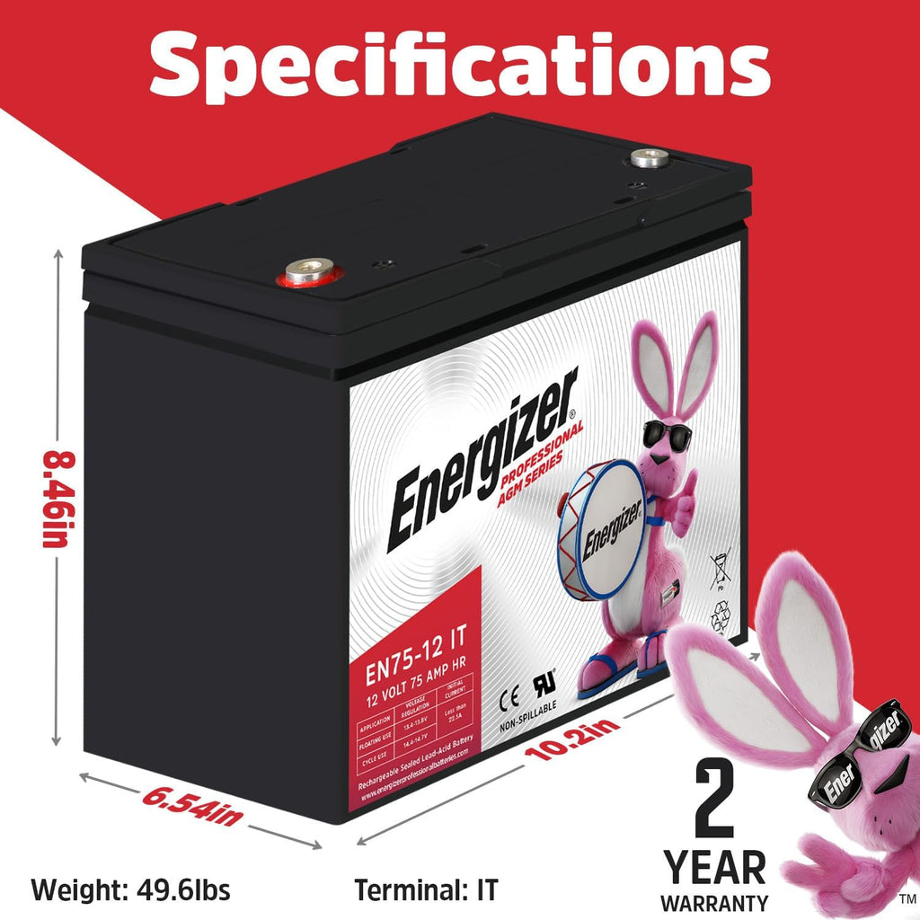Energizer EN75-12IT, 12 Volt 75 Amp Hr, Long Lasting Sealed Lead Acid AGM Rechargeable Battery Ideal For Use In Wheelchairs, Electric Scooters, Sump Pumps, and more
