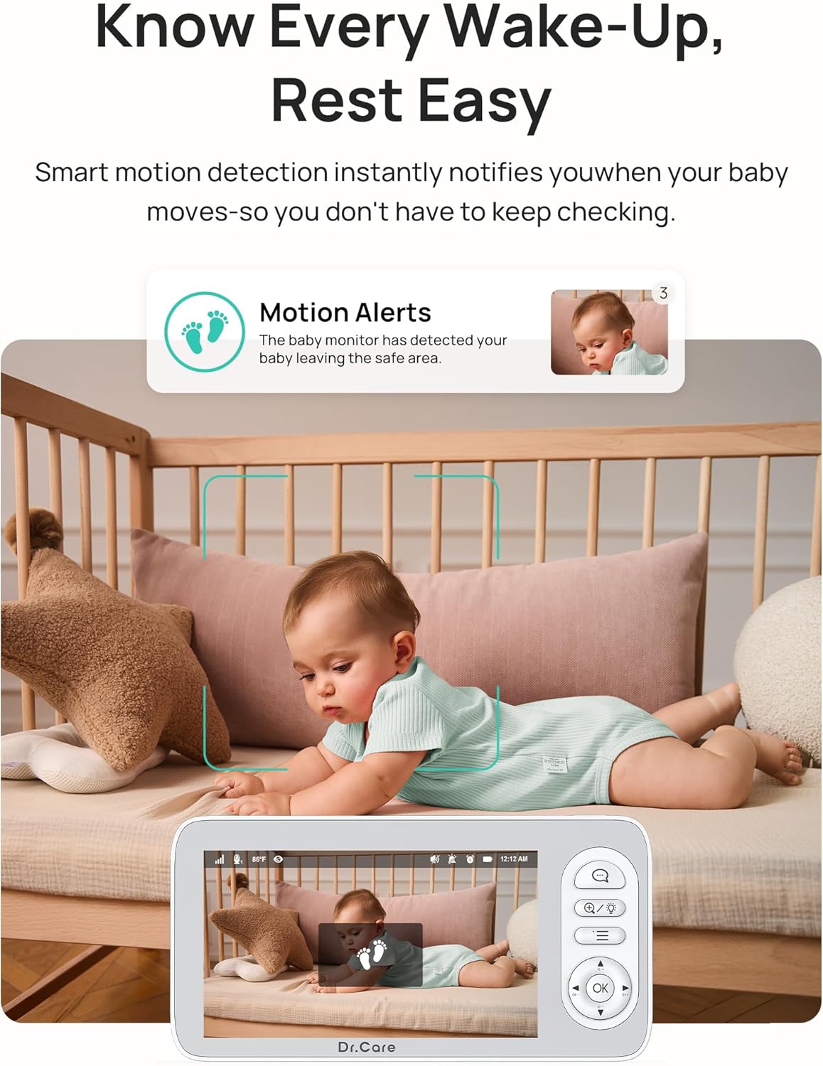 Dr.Care 5' Smart WiFi Baby Monitor with 2 Cameras & 1 Clip Mount - 1080P Split Screen & 2K Camera，Privacy Mode, Multi-User, 5000mAh Removable Battery, RGB Night Light, Cry & Motion Alerts